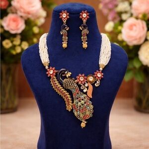 Indian Bollywood Gold Tone Meenakari Peacock  Necklace & Earrings Jewelry Set